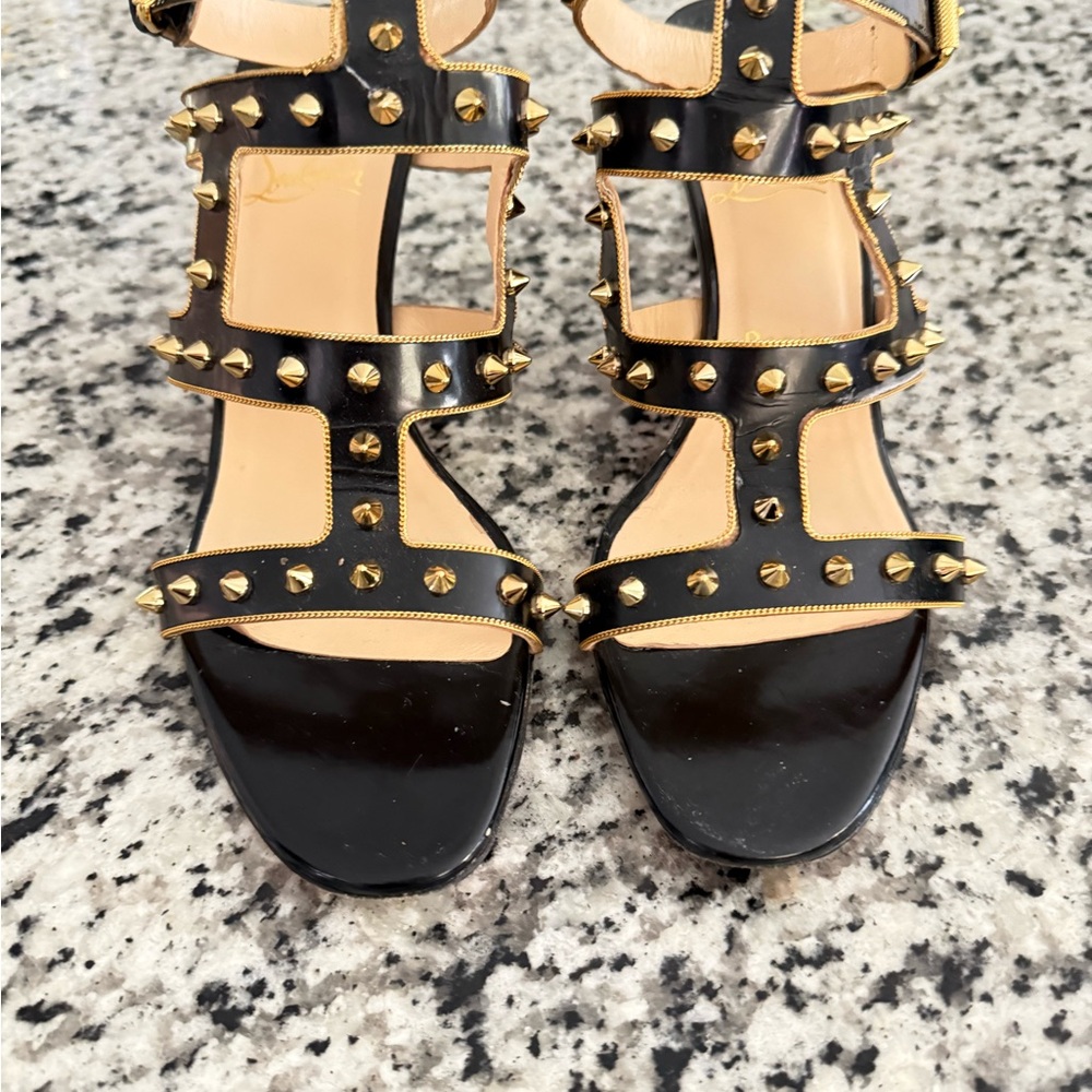 👠 Christian Louboutin Red Bottoms- Black and Gold Strappy Studded Heels 39.5 - Picture 6 of 8
